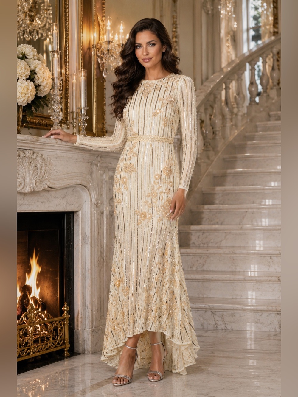 NWT Mac Duggal 93627 Nude Gold Beaded Sequin Wedding Military Gala Dress Sz 8